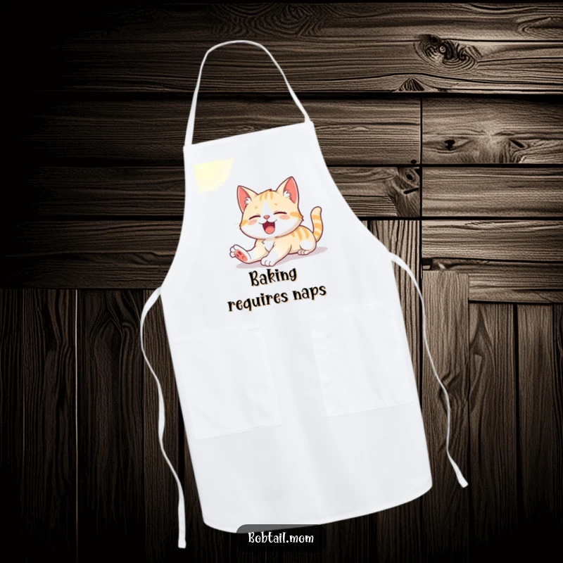 Funny apron showcasing a cute Bobtail cat stretching and yawning in the sunlight, perfect for a cozy kitchen.