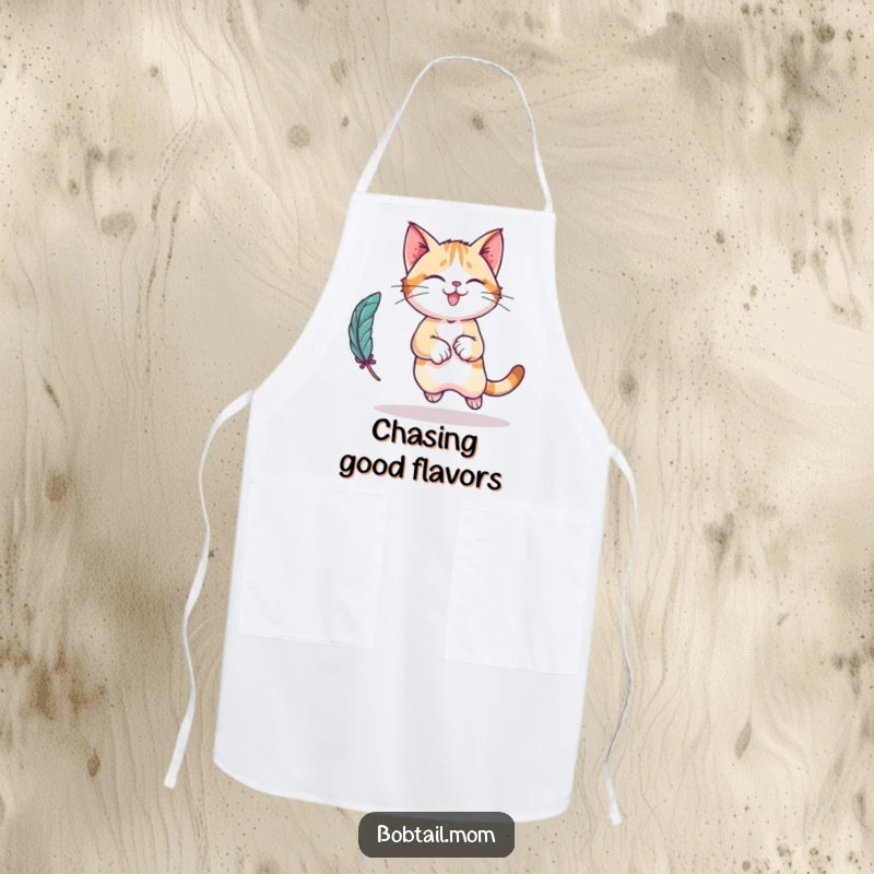 Funny Bobtail cat character apron, illustrated in a playful leap, chasing a feather toy, perfect for kitchen adventures.
