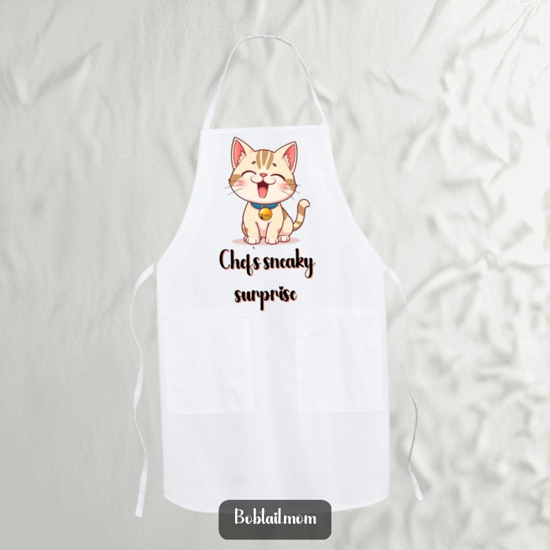 Funny Bobtail Cat Apron: A mischievous Bobtail cat with a bell collar strikes a pose, bringing humorous feline charm to kitchen wear.