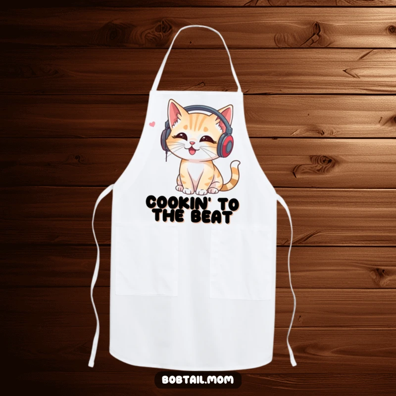 Funny Bobtail Cat Apron: Cat with headphones listening to music, adding a humorous and musical touch to cooking.