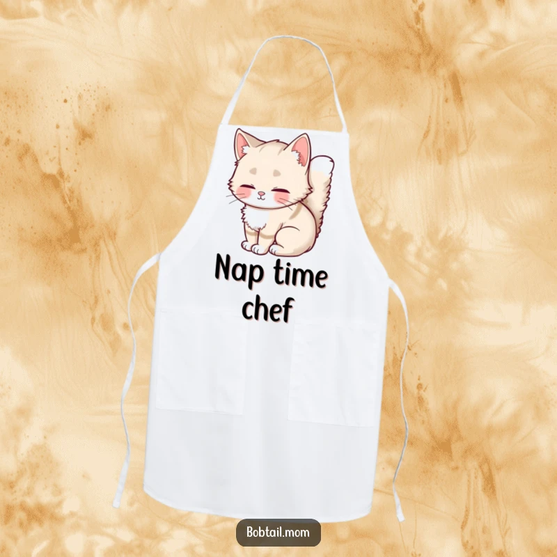 Funny Bobtail Cat Apron depicting a fluffy-tailed cat curled up, adding a humorous and cute element to kitchen activities.