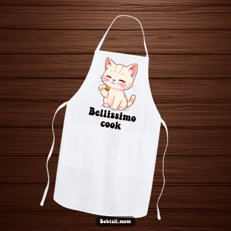 Funny Bobtail Cat Apron showcasing a Bobtail cat's dainty paw delicately tapping a bell, bringing playful charm to cooking.