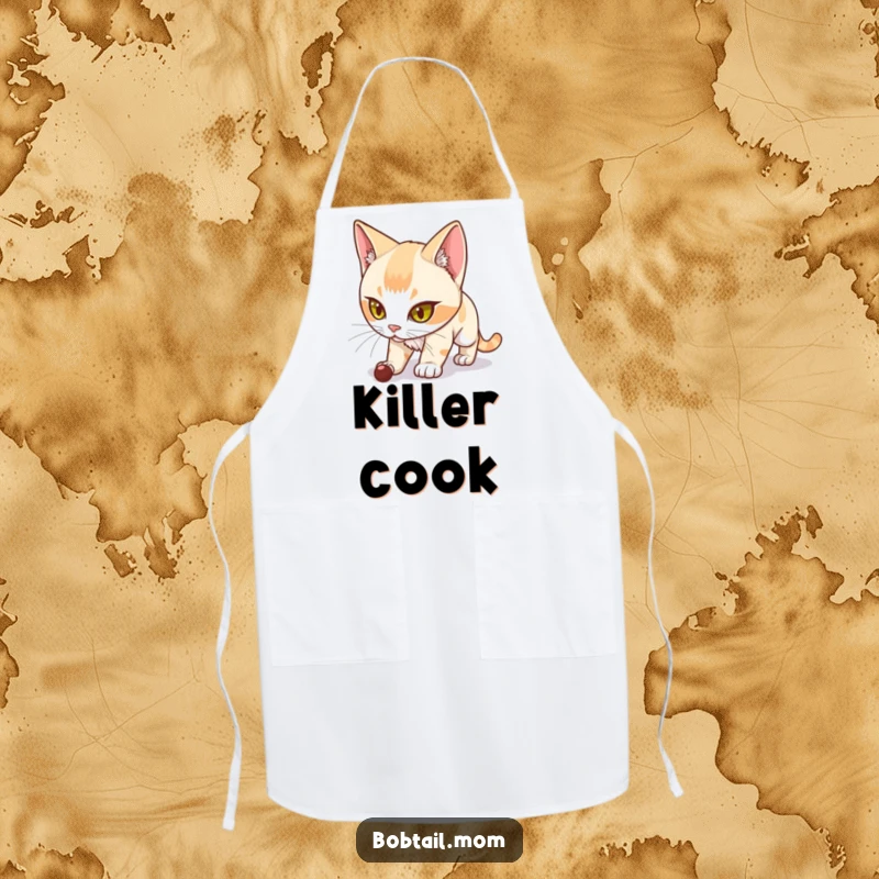 Funny Bobtail Cat Apron showing a determined Bobtail cat stalking with culinary intent, bringing humor to the kitchen.