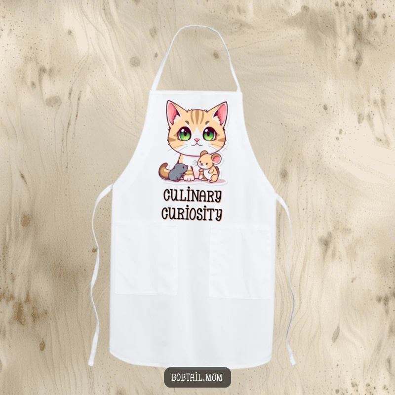 Funny Bobtail Cat Apron showcasing a Bobtail cat with large pupils, mesmerized by a toy mouse, bringing playful charm to cooking.