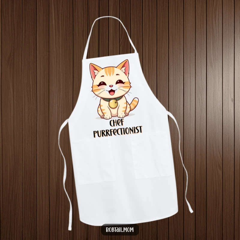 Funny Bobtail cat with a bell collar, purring loudly, printed on a functional kitchen apron.