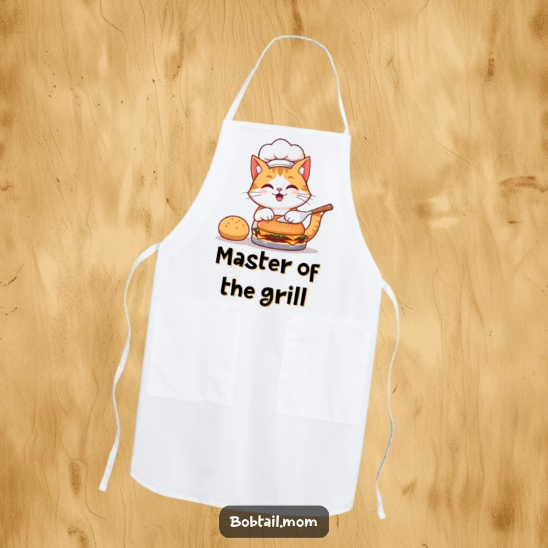 Funny apron featuring a bobtail cat chef wearing a hat, flipping a burger, designed for kitchen fun and protection.