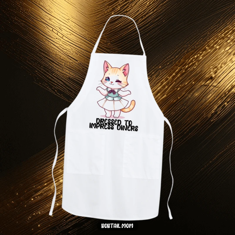 Funny Bobtail Cat Apron: Cat in a dress twirling stylishly, adding an element of funny elegance to cooking.