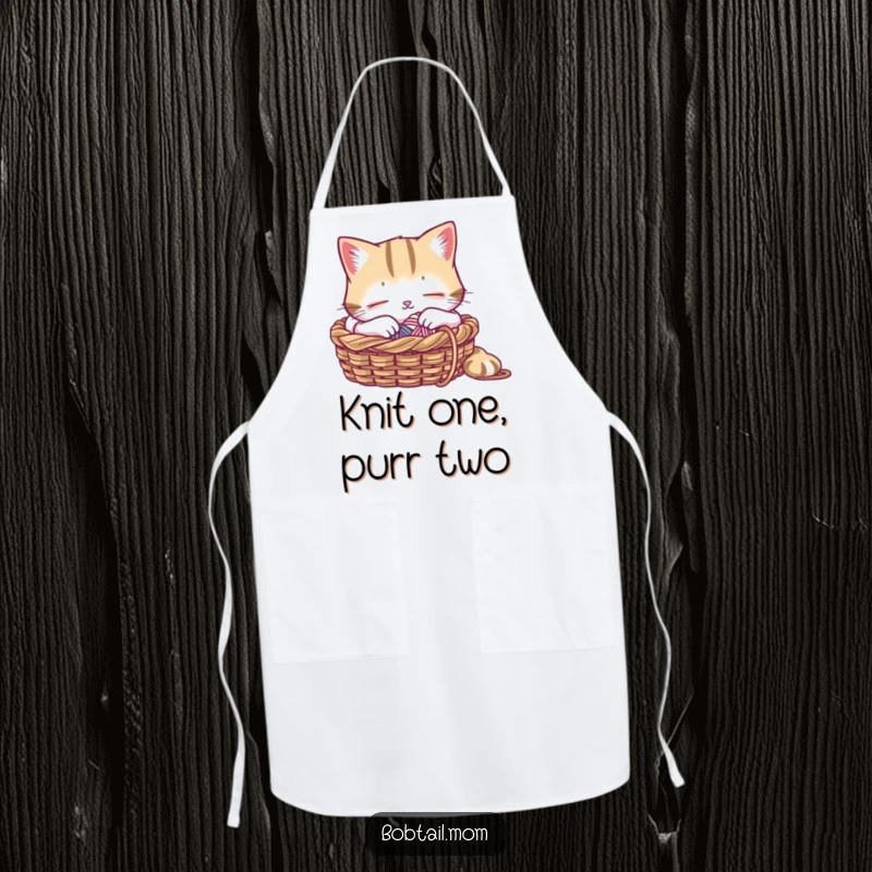 Funny apron depicting a Bobtail cat peacefully napping in a knitting basket, perfect for crafters who love cats.
