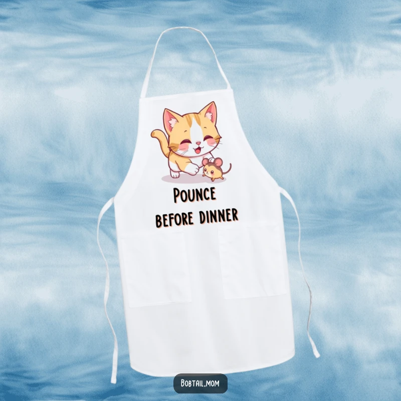 Funny Bobtail cat apron featuring a jolly cat playfully pouncing on a toy mouse, perfect for adding feline fun to kitchen tasks.