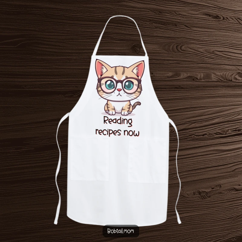 Funny Bobtail cat with a determined look wearing tiny reading glasses, featured on a practical, stylish apron.