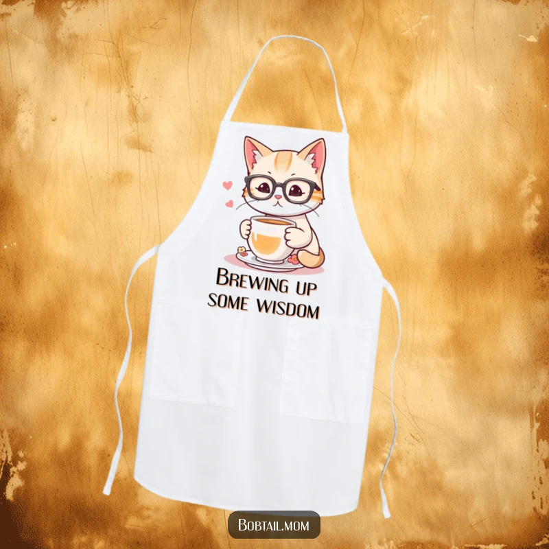 Funny apron featuring a bobtail cat wearing reading glasses and holding a teacup, designed for cozy activities.