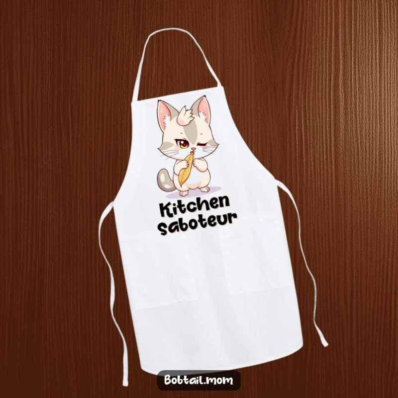 Funny Bobtail Apron: A mischievous bobtail cat batting at a feather, perfect for a humorous cooking accessory.
