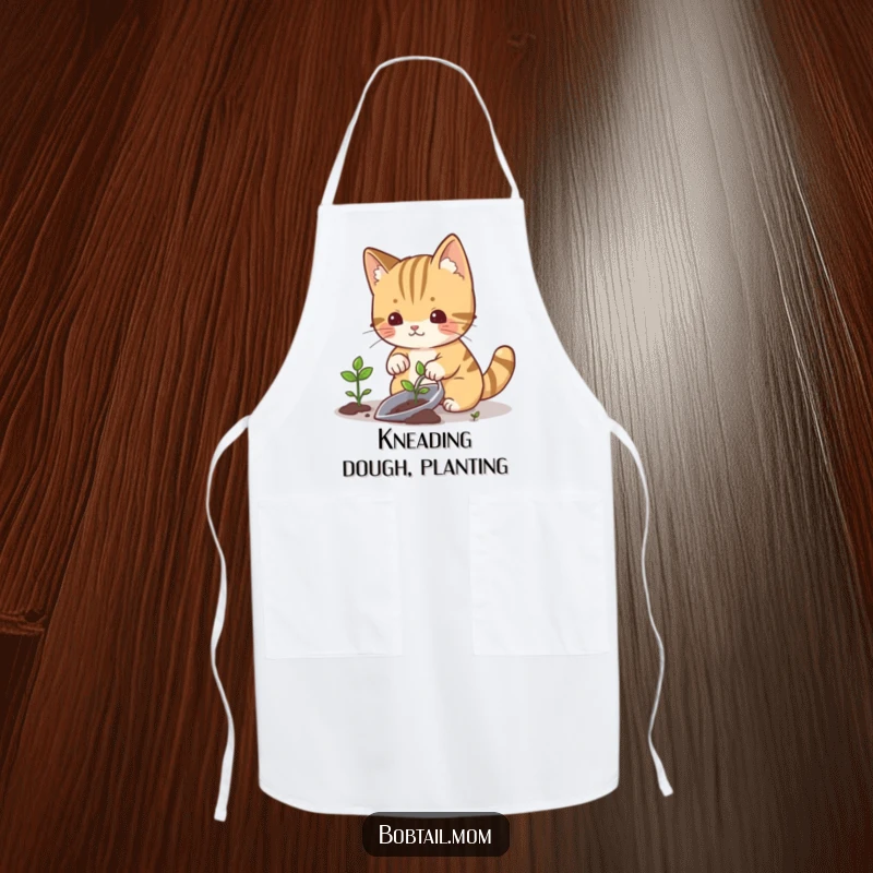 Funny bobtail cat with a gardening trowel planting a sprout, embodying horticultural care, ideal for a kitchen apron.