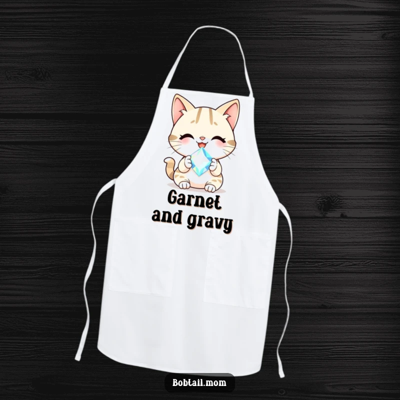 Funny Bobtail cat with a cheerful smile holding a sparkling gem, featured on a practical, stylish apron.