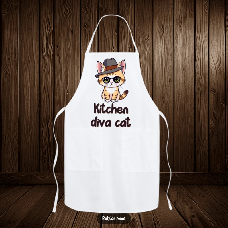 Funny bobtail cat wearing an elegant hat, posing with grace, on a practical kitchen apron.
