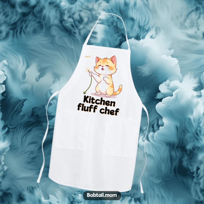 Funny Bobtail Cat Apron: A Bobtail cat playfully chases dandelion fluff, bringing whimsical feline charm to kitchen wear.
