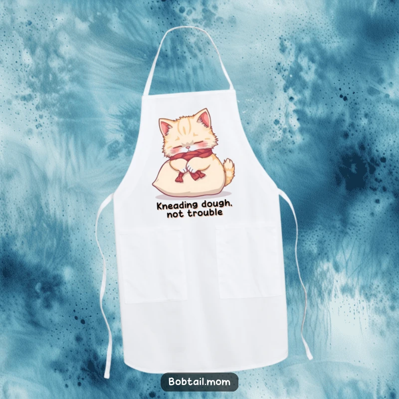 Funny Bobtail cat in a yarn scarf, kneading a cushion, printed on a functional kitchen apron.