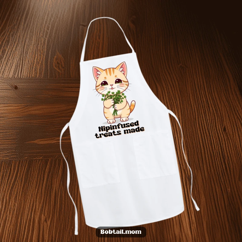 Funny Catnip Bobtail Cat Apron: Cat carrying catnip bouquet, adding joyful and funny flair to cooking.
