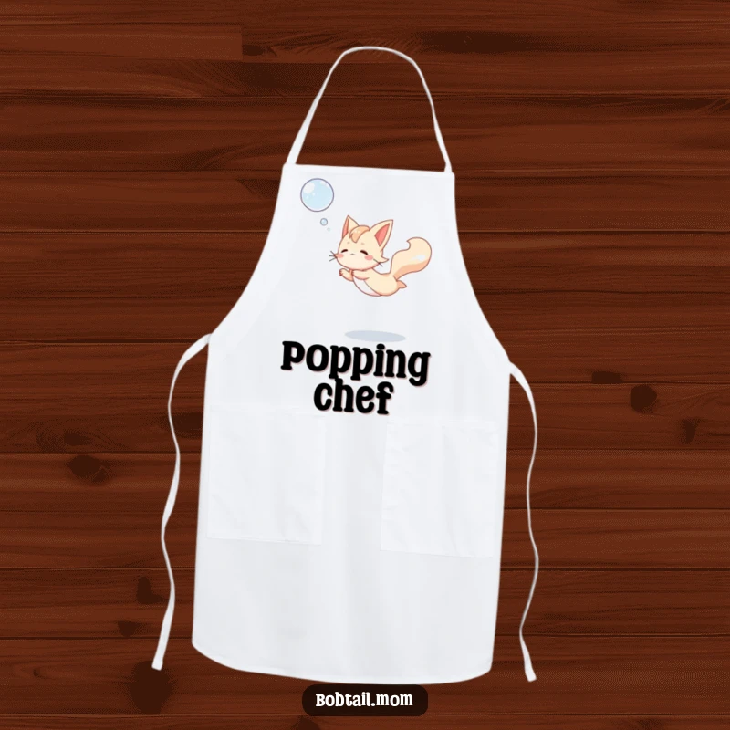Funny Bobtail Kitchen Apron illustrating a dog leaping gracefully to catch a floating bubble, perfect for playful culinary adventures.