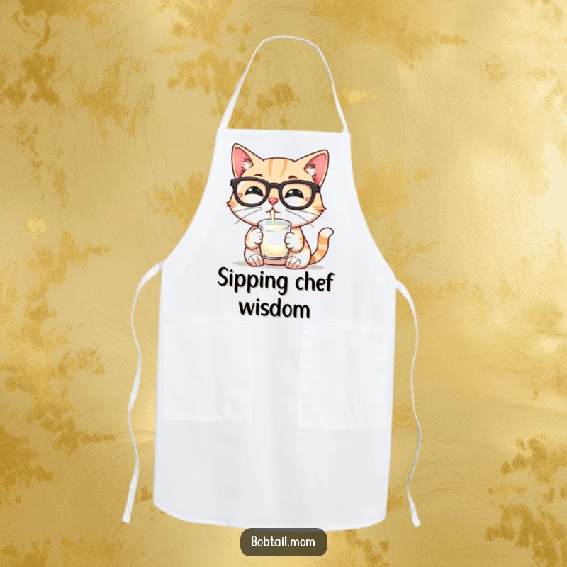 Funny apron depicting a Bobtail cat wearing reading glasses and sipping milk, perfect for adding humor to cooking.