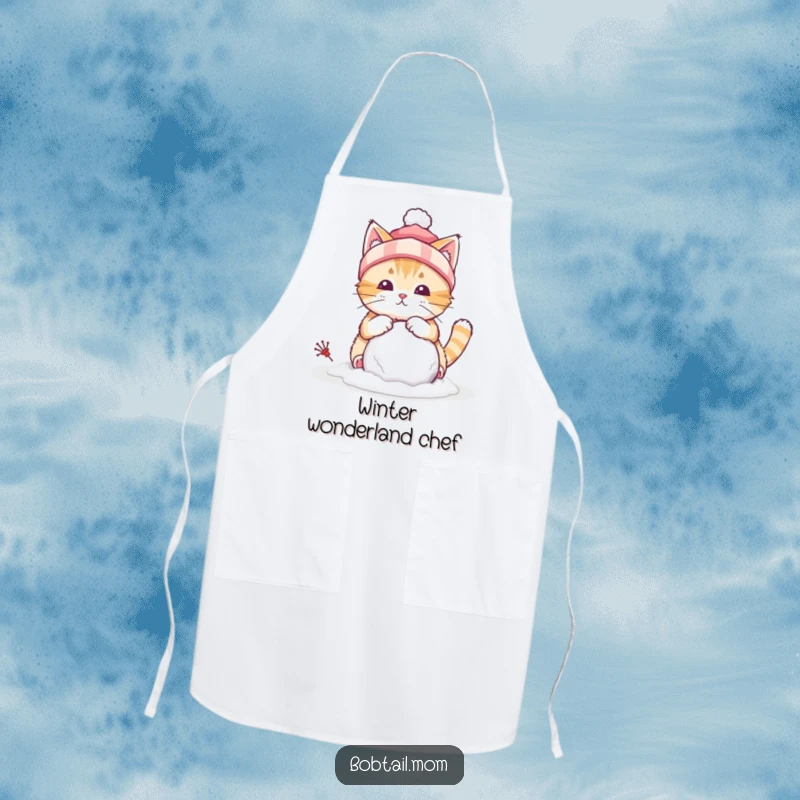 Funny apron featuring a bobtail cat wearing a winter hat, building a tiny snowball, designed for winter fun.