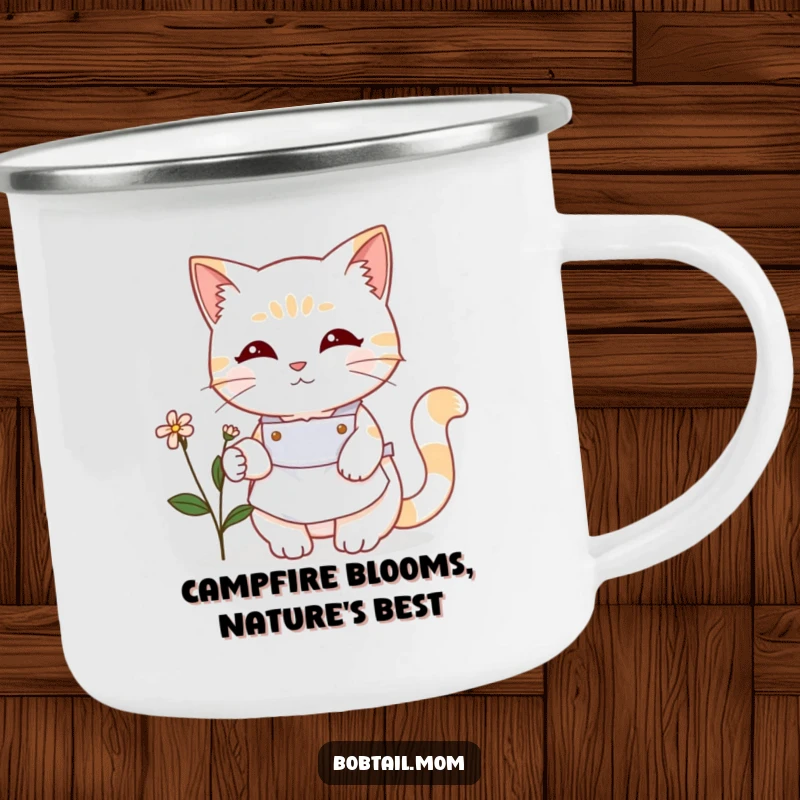 Funny Bobtail cat in a cute apron tending a small flower in an outdoor setting. A humorous camping mug, a great gift.