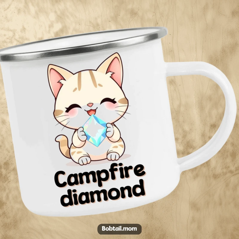 Funny Bobtail cat with a cheerful smile holding a sparkling gem, designed for a durable, humorous camping mug.