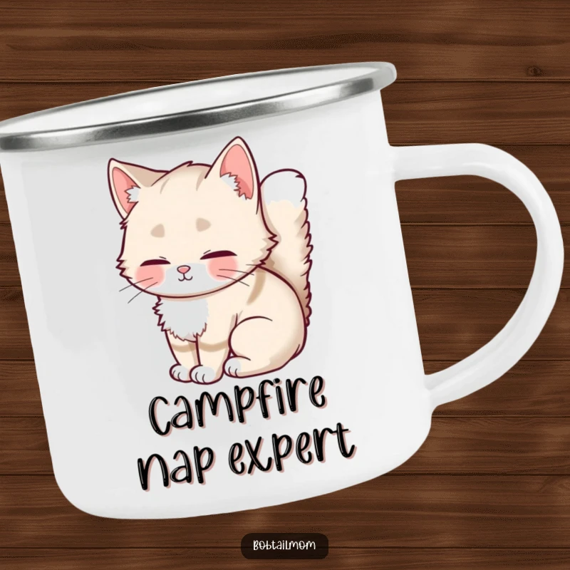 Funny Bobtail Cat Camping Mug featuring a fluffy-tailed cat curled up, ideal for enjoying beverages during outdoor escapades.