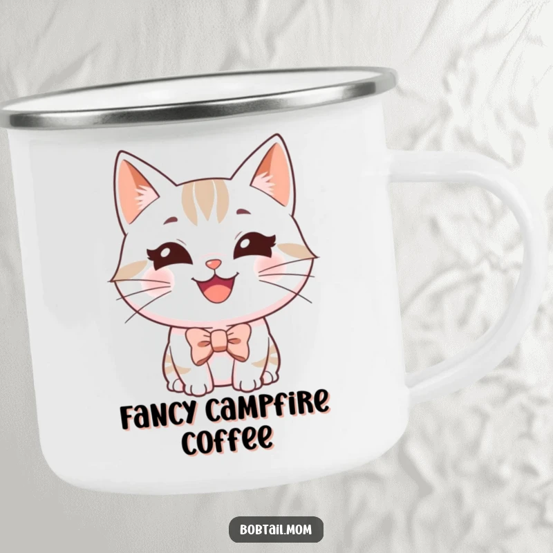 Funny Bobtail cat camping mug with a happy, grinning cat wearing a tiny bowtie, perfect for stylish outdoor enjoyment.