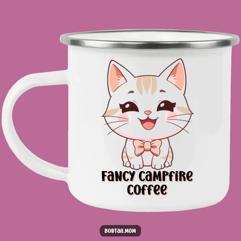 Funny Bobtail Cat Bowtie Camping Mug - Dapper Kitty Adventure Gift