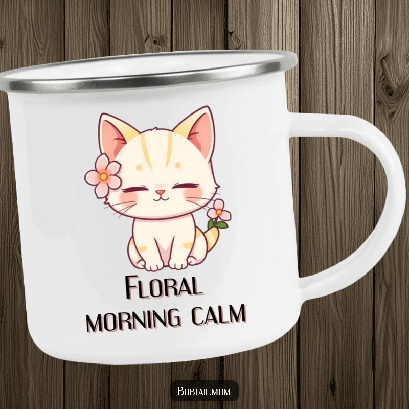 Funny Bobtail Cat Camping Mug featuring a serene cat with a flower, ideal for peaceful, humorous outdoor enjoyment.