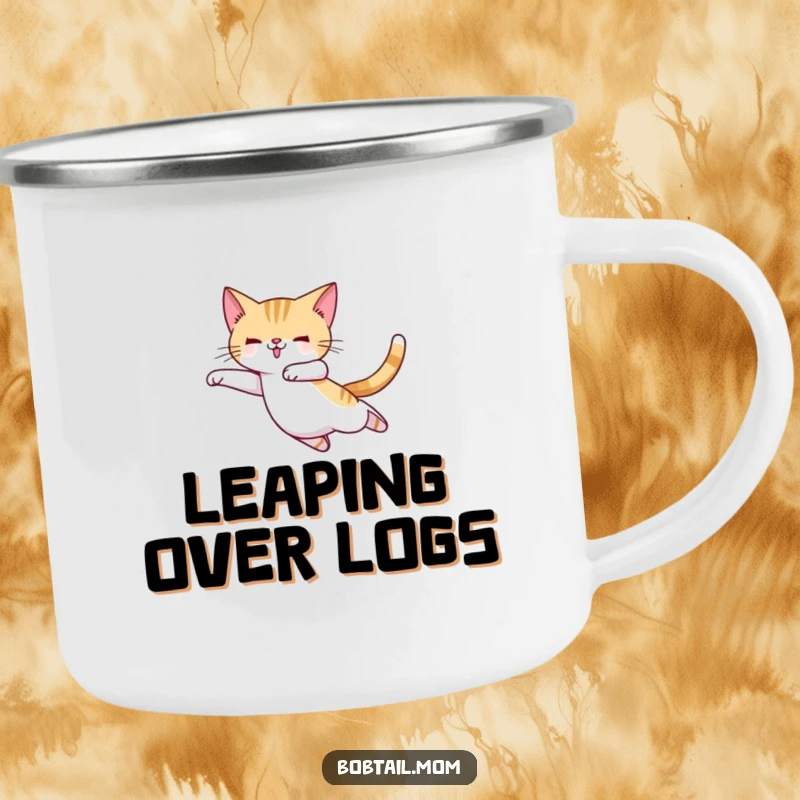 Funny Bobtail cat in ballet slippers, mid-leap, perfect for elegant sips during outdoor adventures.