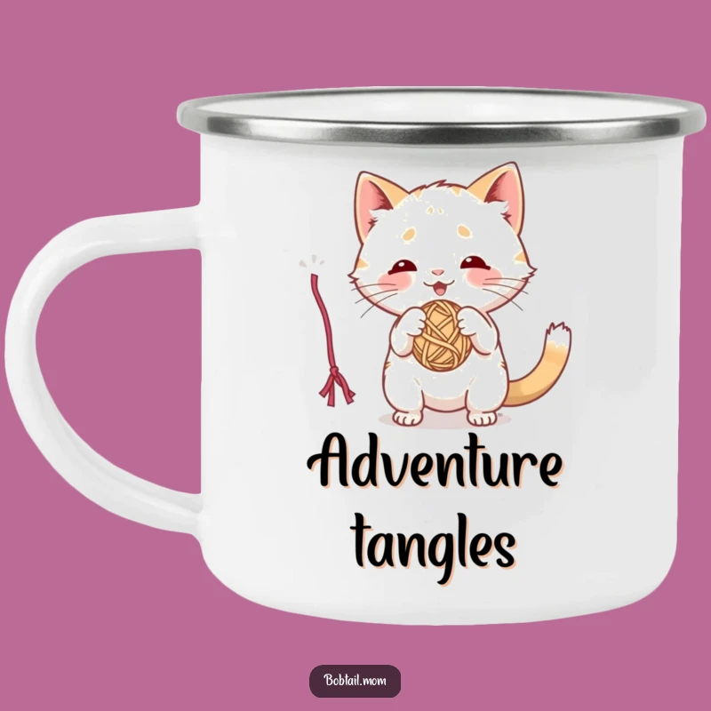 Funny Bobtail Cat Camp Mug: Playful Cat Batting Yarn