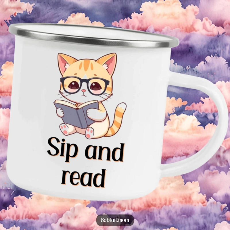 Funny Bobtail cat wearing reading glasses, holding a book, on a durable camping mug for outdoor enthusiasts.