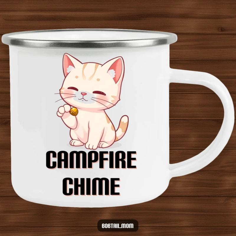 Funny Bobtail Cat Camping Mug featuring a Bobtail cat's dainty paw delicately tapping a bell, for playful outdoor enjoyment.
