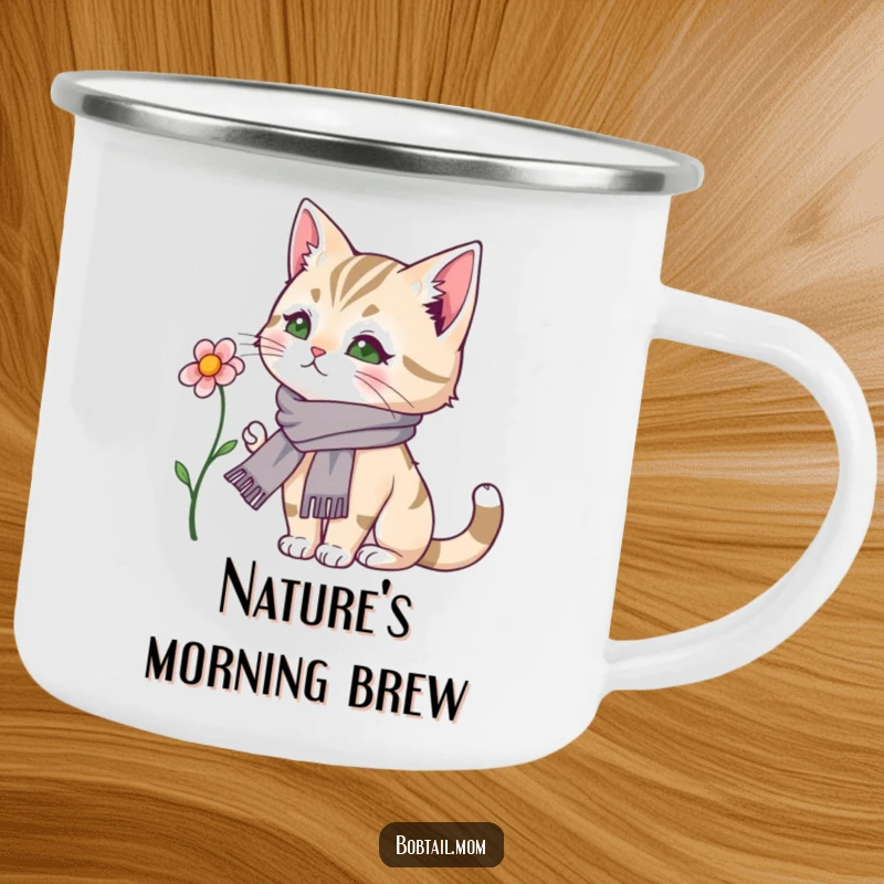 Funny Bobtail Cat Camping Mug: A chic bobtail cat wearing a scarf admires a flower in a rugged outdoor setting.