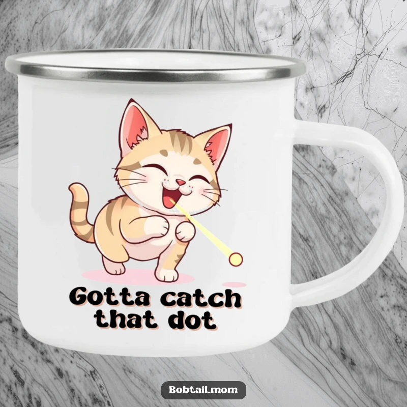 Funny Bobtail cat camping mug featuring a delighted cat in pursuit of a laser pointer dot, perfect for rugged outdoor use and humor.