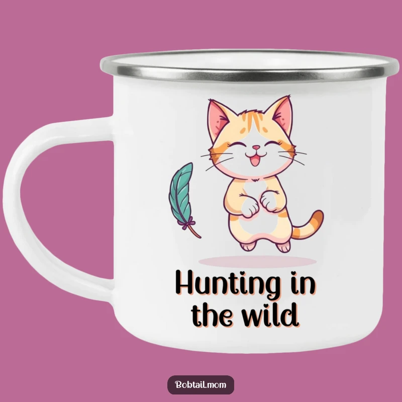 Funny Bobtail Cat Camping Mug: Playful Leap Character Adventure Gear