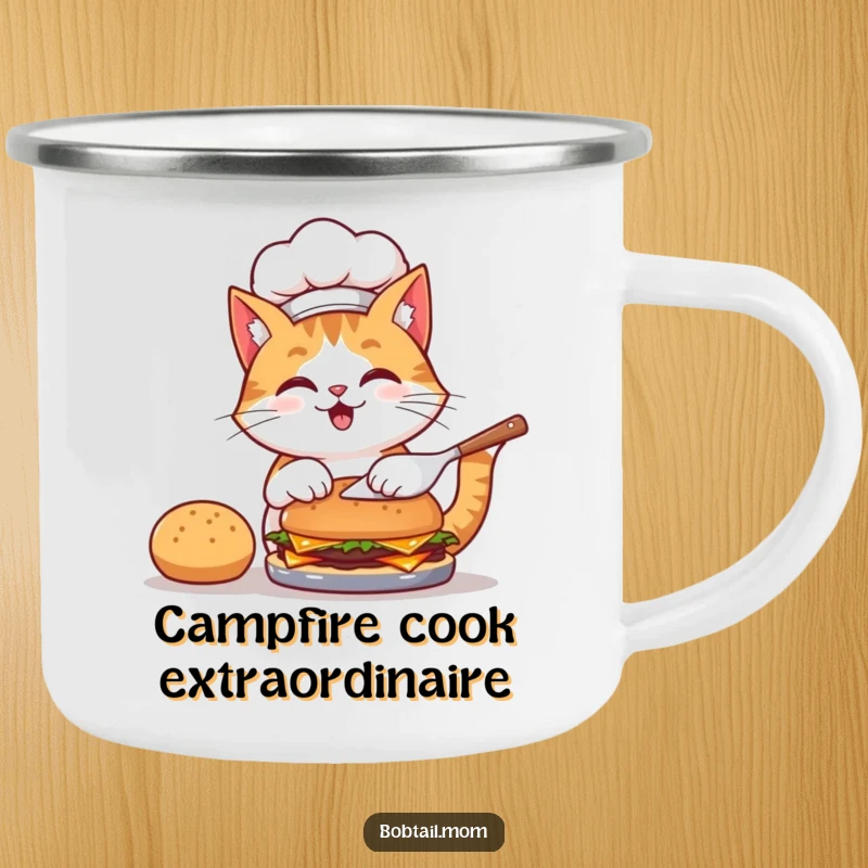 Funny camping mug featuring a bobtail cat chef wearing a hat, flipping a burger, ideal for outdoor cooking and sipping.