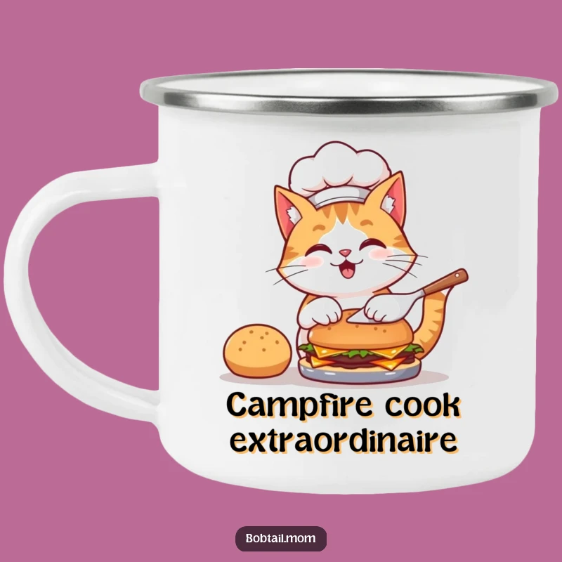 Funny Bobtail Cat Chef Camping Mug: Hot Drinks with Hilarious Burger Flipping Adventures