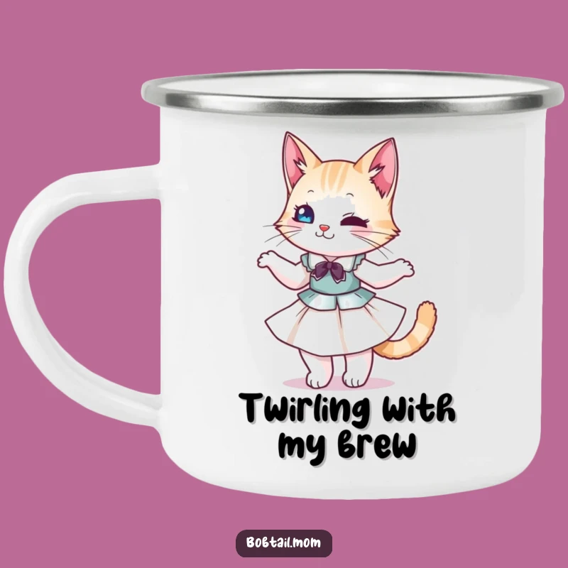 Funny Bobtail Cat Dress Twirl Camping Mug: Adventure-Ready Feline Fun