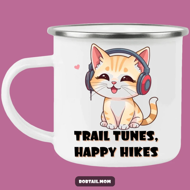 Funny Bobtail Cat Headphones Camping Mug: Music and S'mores Fun