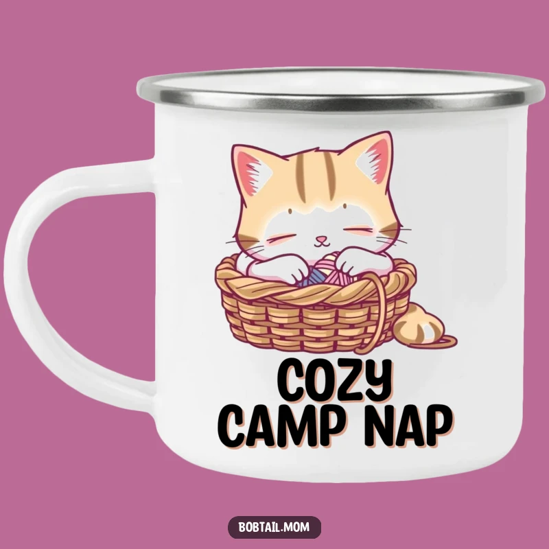 Funny Bobtail Cat Knitting Camping Mug: Cozy Sips for Crafters
