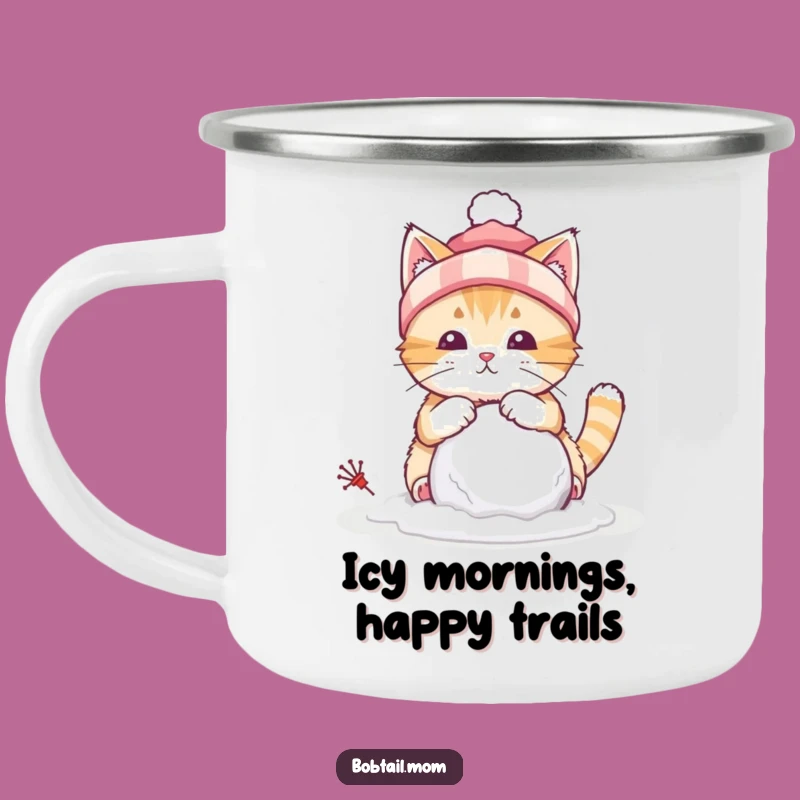 Funny Bobtail Cat Winter Camping Mug: Warm Sips with Hilarious Snowball Fun