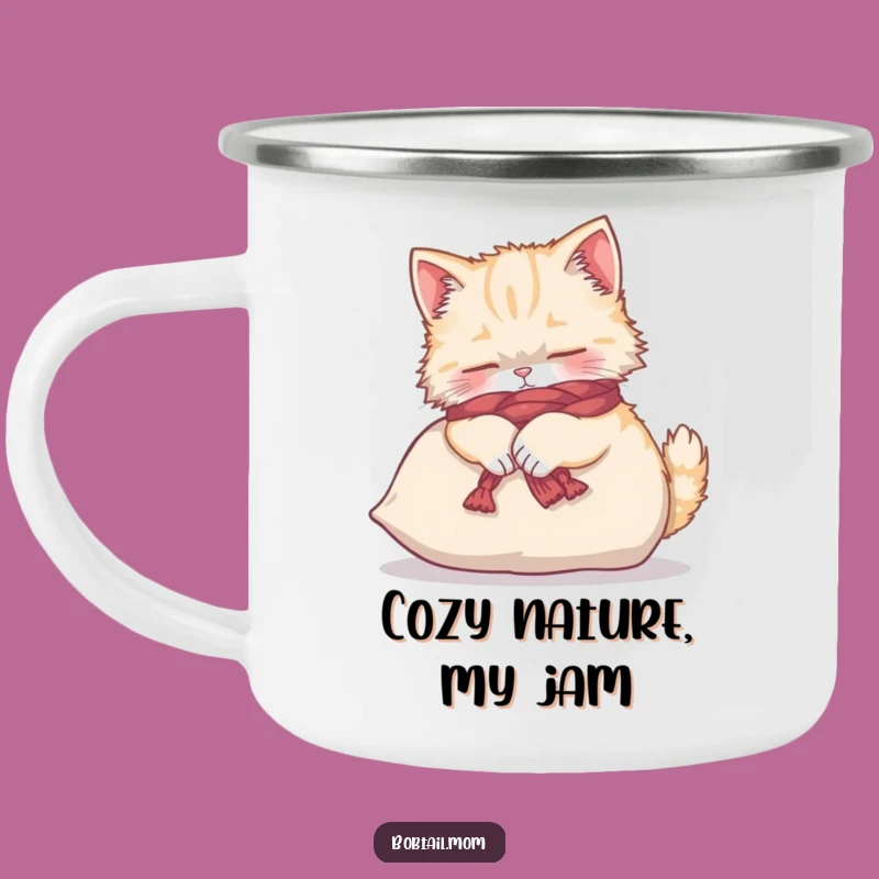 Funny Bobtail Cat Yarn Scarf Camping Mug - Adventure & Humor for Outdoor Cat Lovers