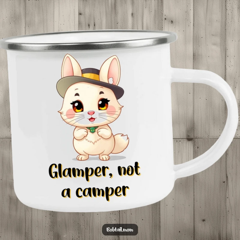 Funny Bobtail Camping Mug: A sassy bobtail cat in a fancy hat, ready for adventure, making it a humorous outdoor gift.