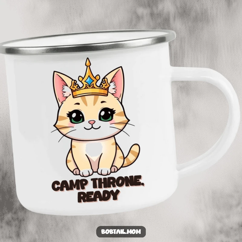 Funny camping mug with a majestic bobtail cat king, sipping his morning brew and ruling the great outdoors with a happy smile.