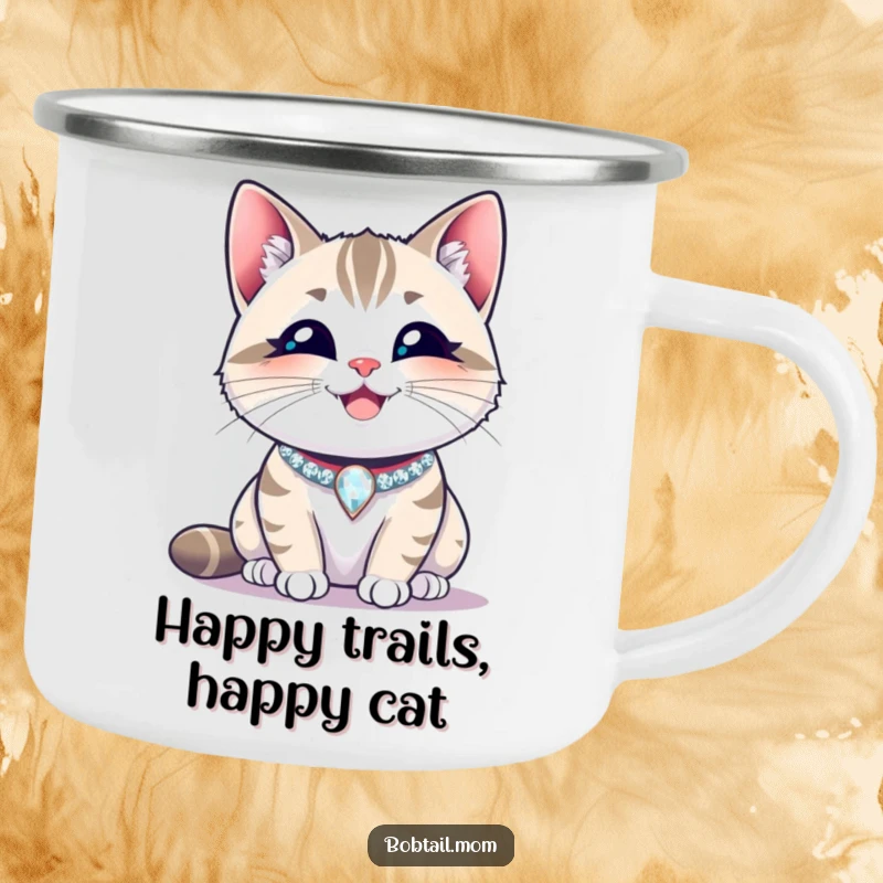 Funny Bobtail cat wearing a sparkling collar, smiling contentedly in an outdoor setting. A humorous camping mug, a great gift.