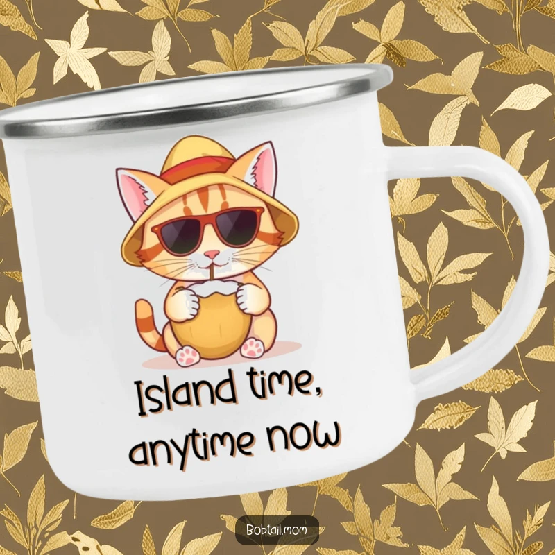 Funny camping mug featuring a bobtail cat wearing a sun hat, sipping from a coconut, ideal for outdoor relaxation.