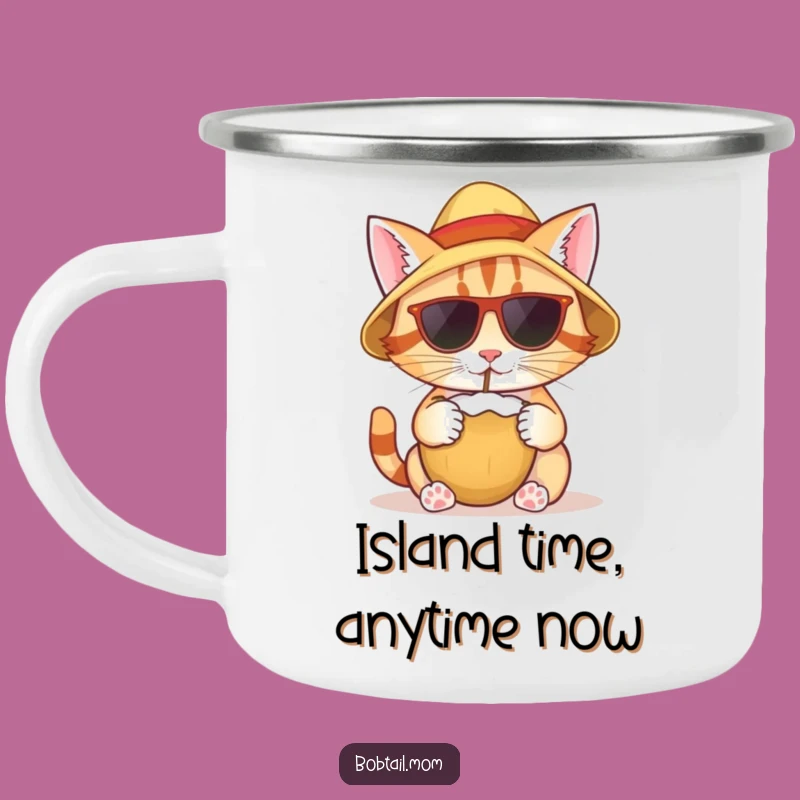 Funny Bobtail Cat Tropical Camping Mug: Sunny Sips with Hilarious Coconut Vibes